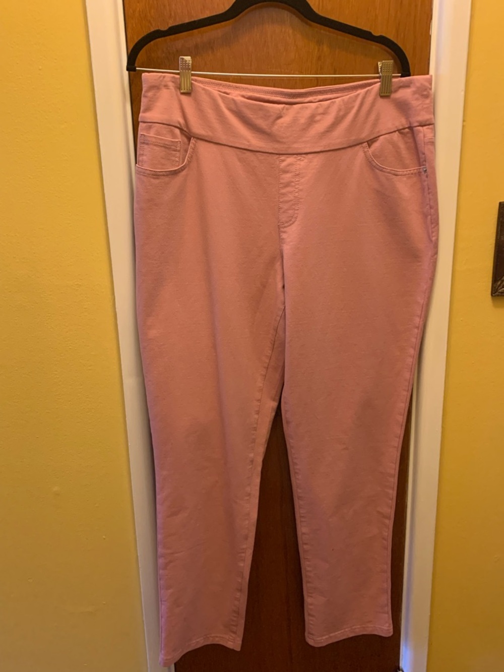 Denim&Co Dusty Pink Straight-Leg Pull-On Stretch Jeans/Pockets 14